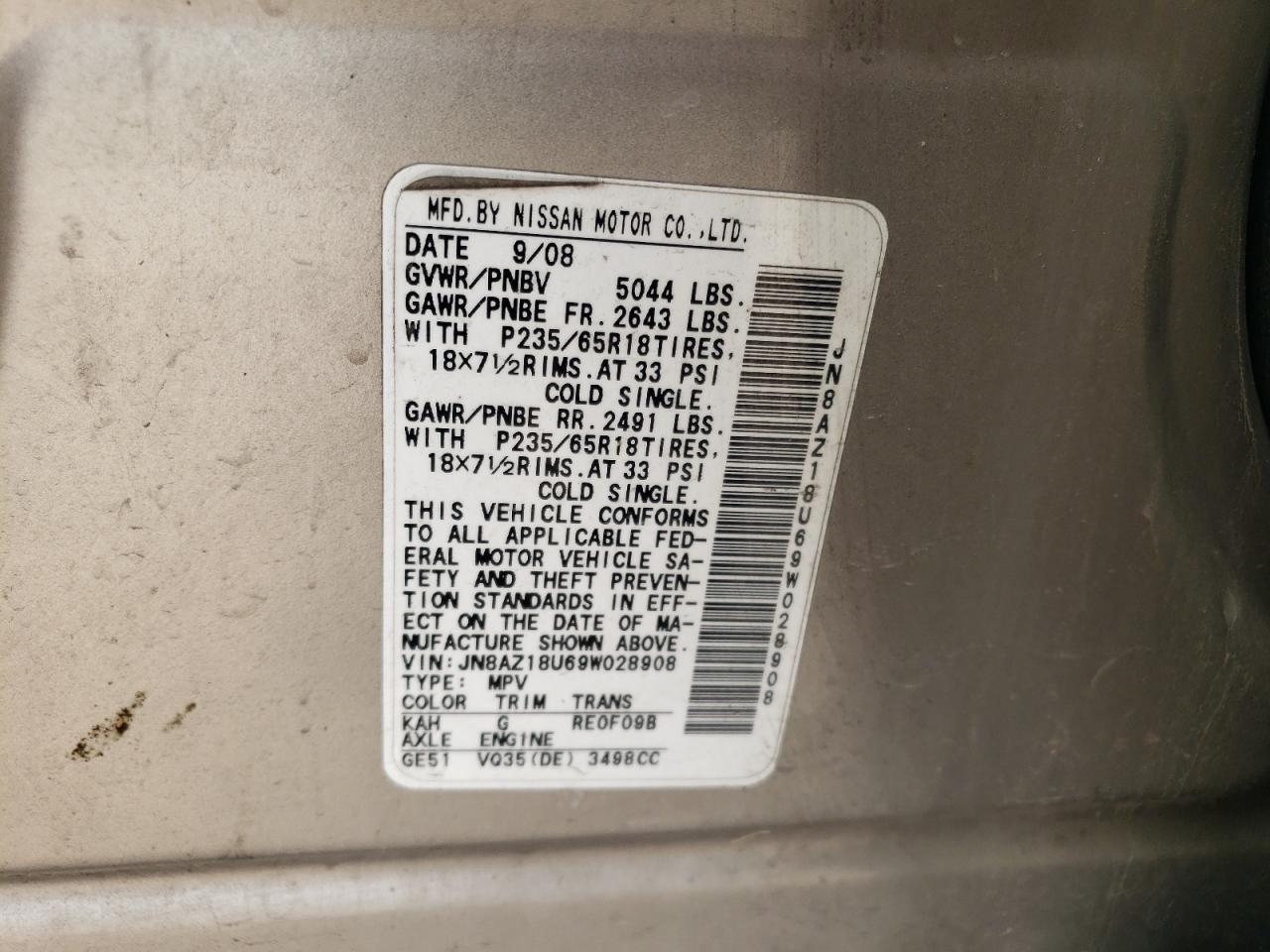 JN8AZ18U69W028908 2009 Nissan Murano S