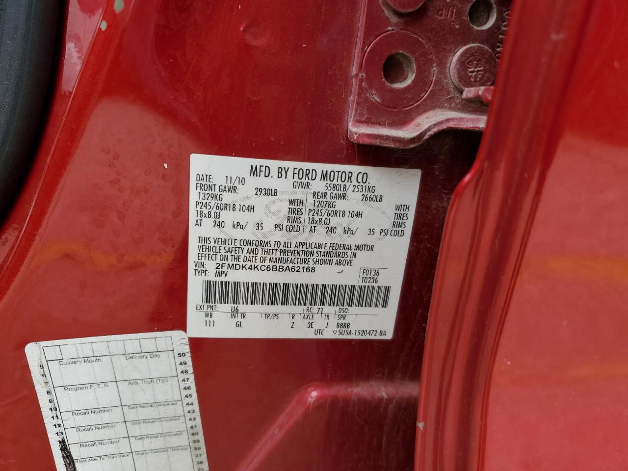 2FMDK4KC6BBA62168 2011 Ford Edge Limited