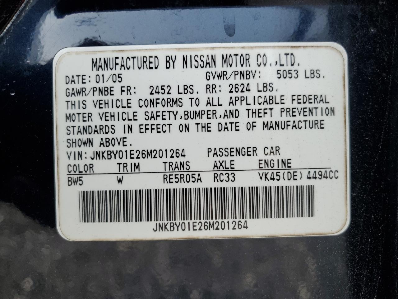 JNKBY01E26M201264 2006 Infiniti M45 Base