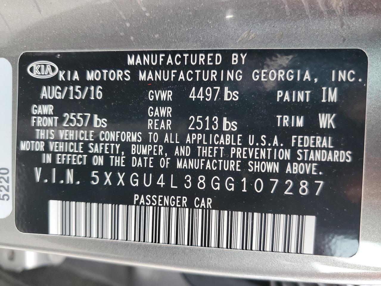 5XXGU4L38GG107287 2016 Kia Optima Ex