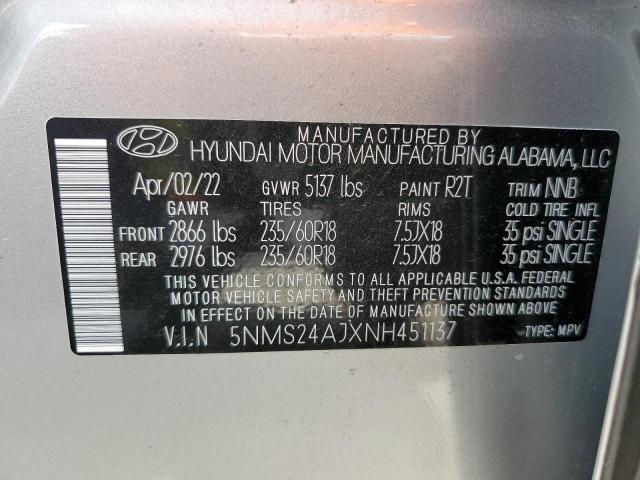 2022 Hyundai Santa Fe Sel VIN: 5NMS24AJXNH451137 Lot: 56621774