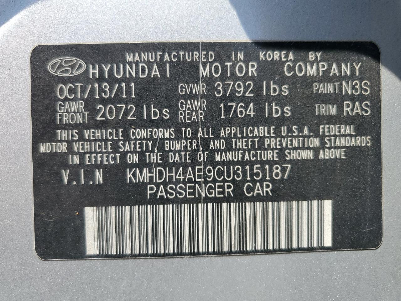 KMHDH4AE9CU315187 2012 Hyundai Elantra Gls