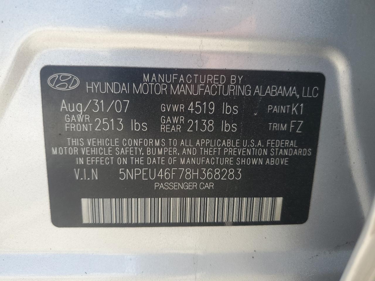 5NPEU46F78H368283 2008 Hyundai Sonata Se