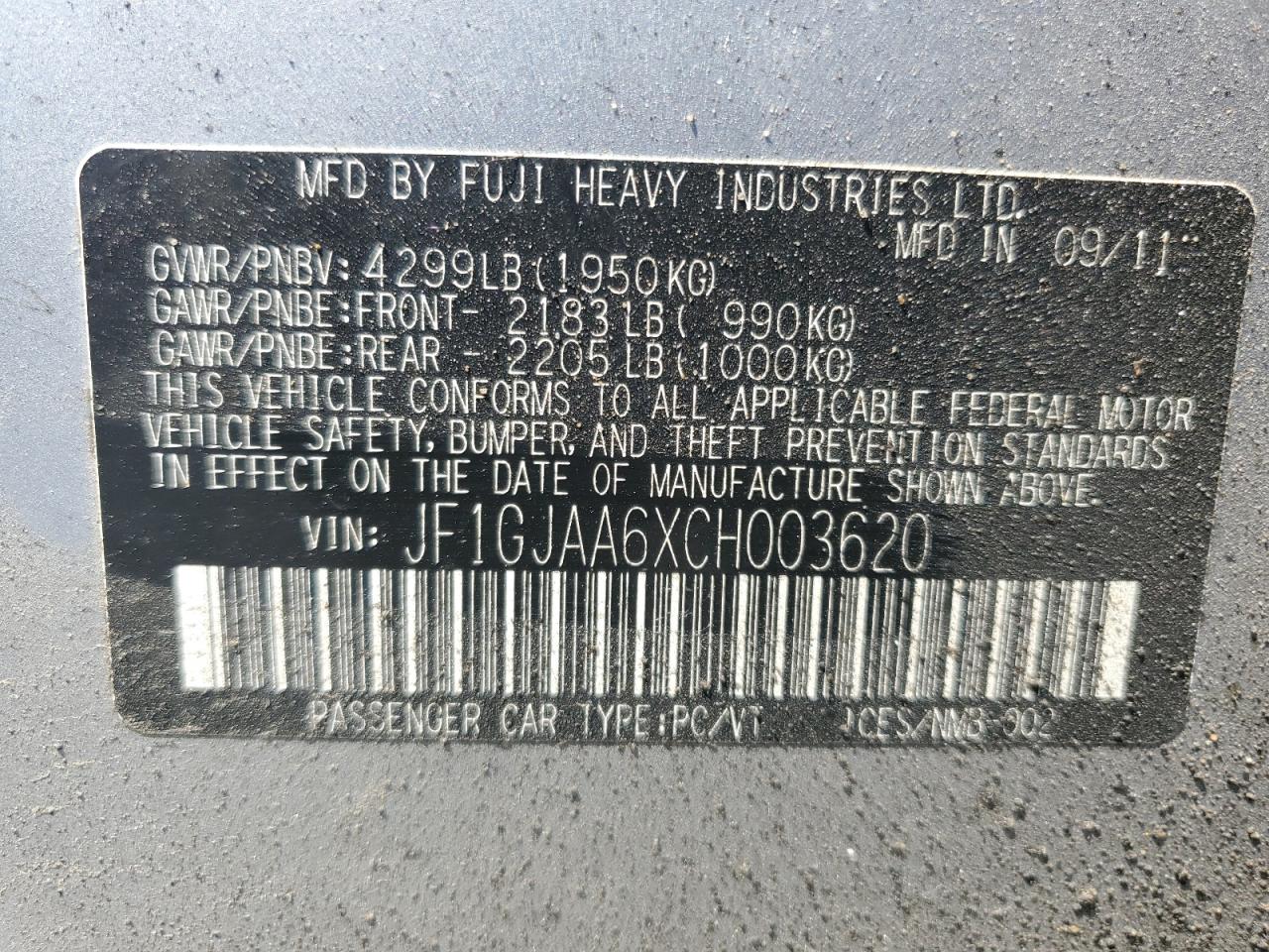 JF1GJAA6XCH003620 2012 Subaru Impreza