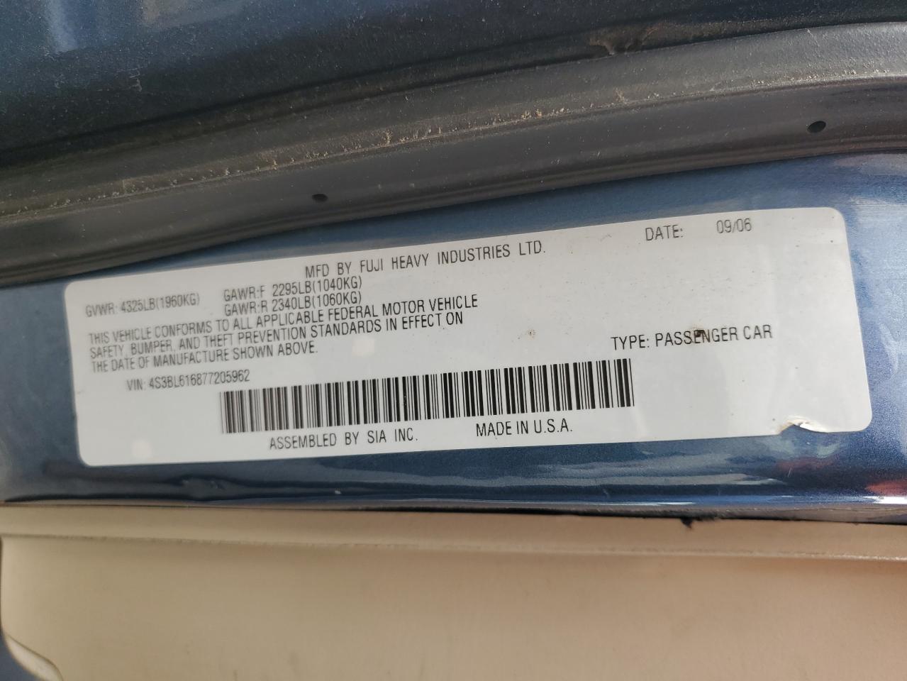 4S3BL616877205962 2007 Subaru Legacy 2.5I