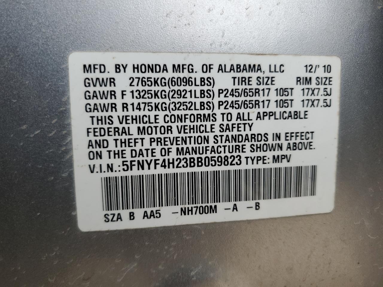 5FNYF4H23BB059823 2011 Honda Pilot Lx