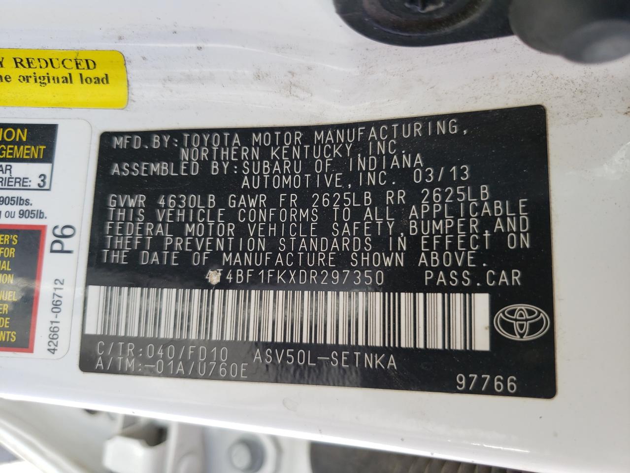 4T4BF1FKXDR297350 2013 Toyota Camry L