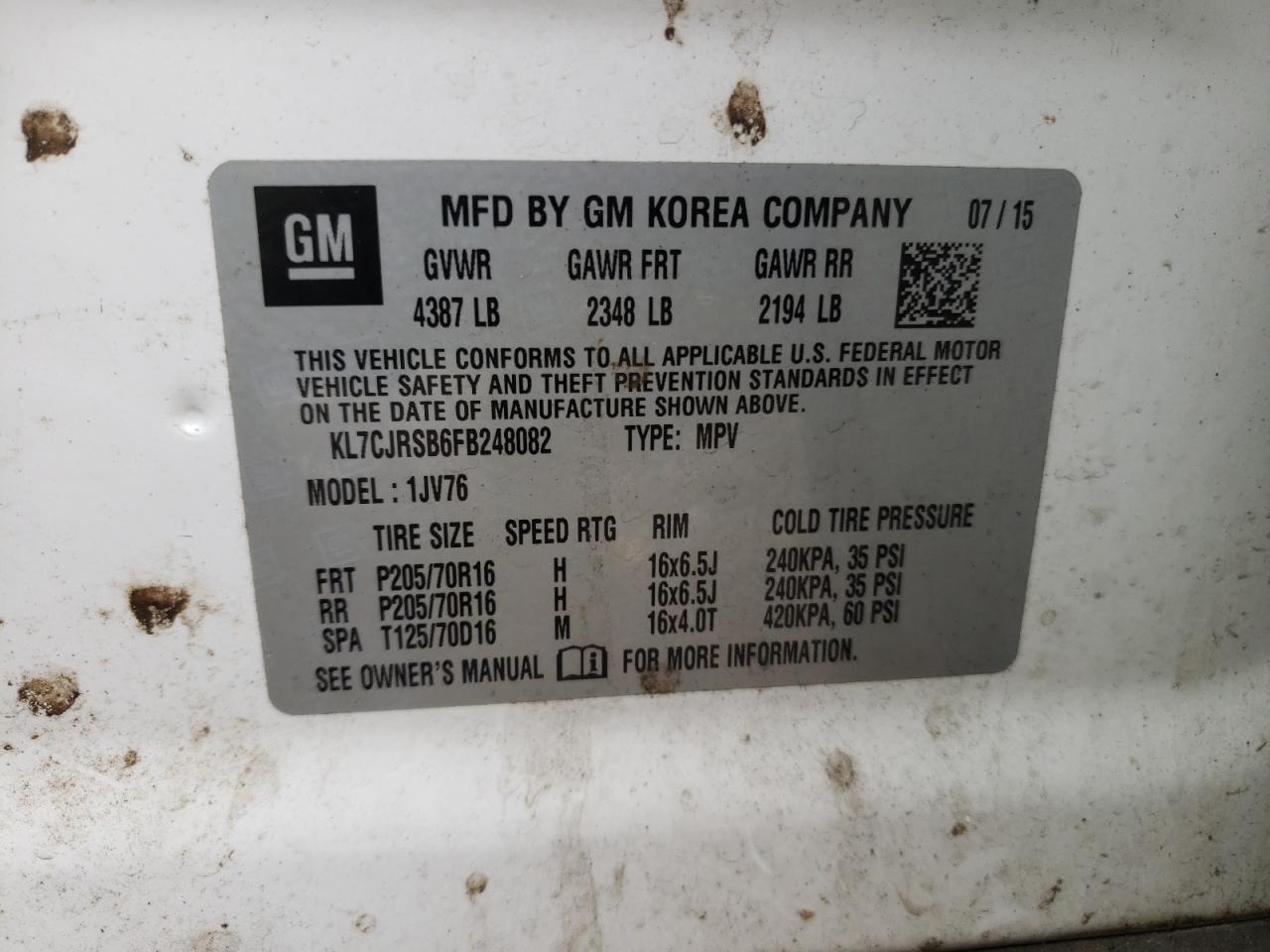 KL7CJRSB6FB248082 2015 Chevrolet Trax 1Lt