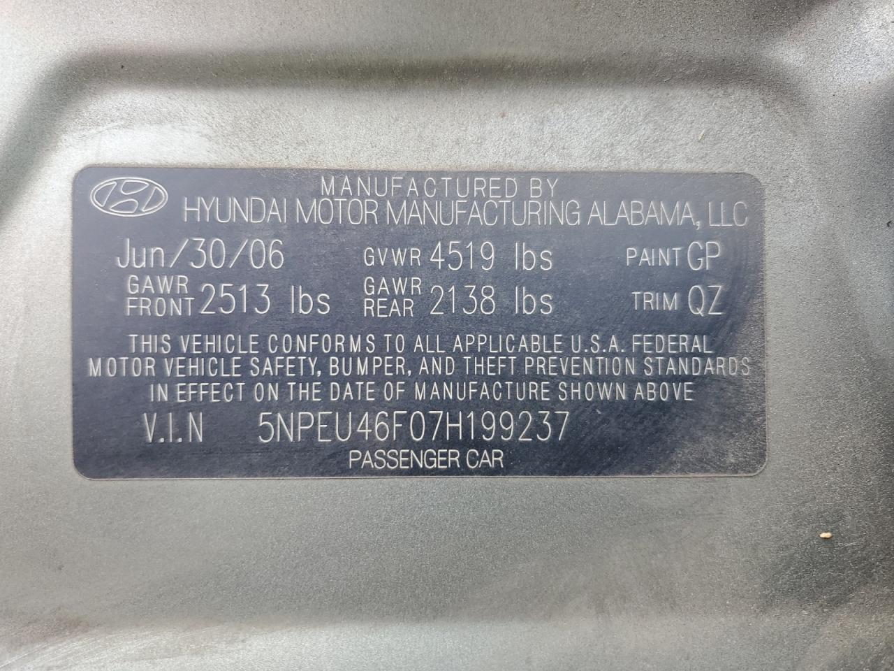 5NPEU46F07H199237 2007 Hyundai Sonata Se