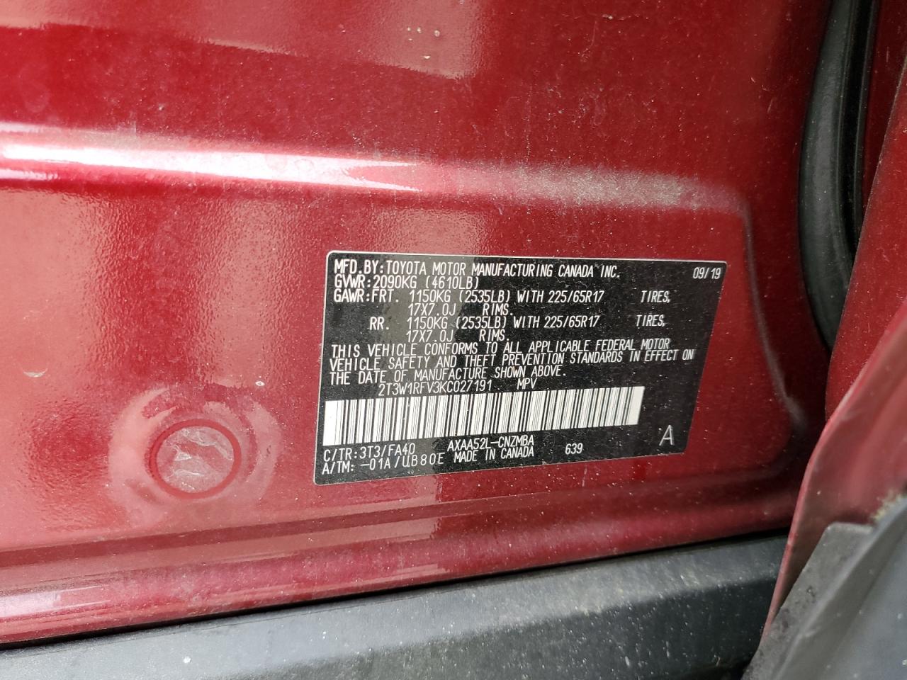 2T3W1RFV3KC027191 2019 Toyota Rav4 Xle