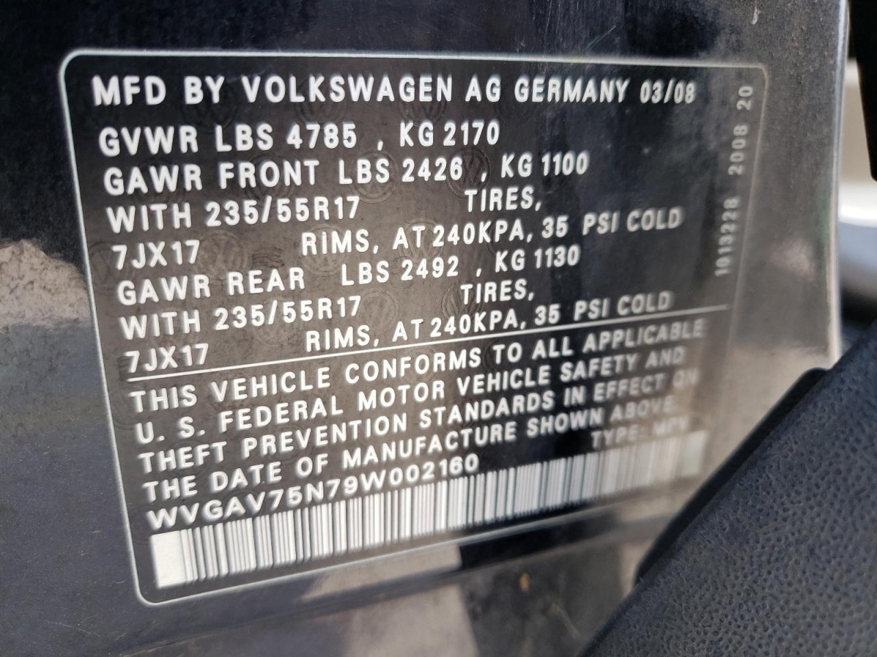 WVGAV75N79W002160 2009 Volkswagen Tiguan S