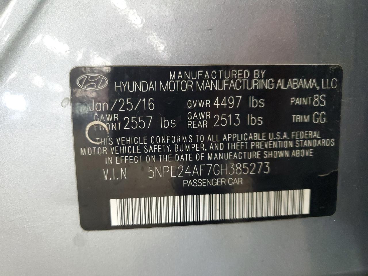 5NPE24AF7GH385273 2016 Hyundai Sonata Se