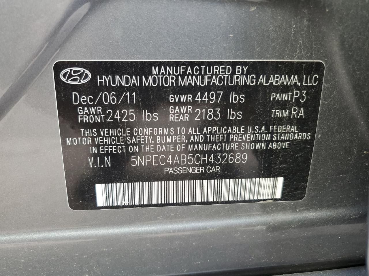 5NPEC4AB5CH432689 2012 Hyundai Sonata Se