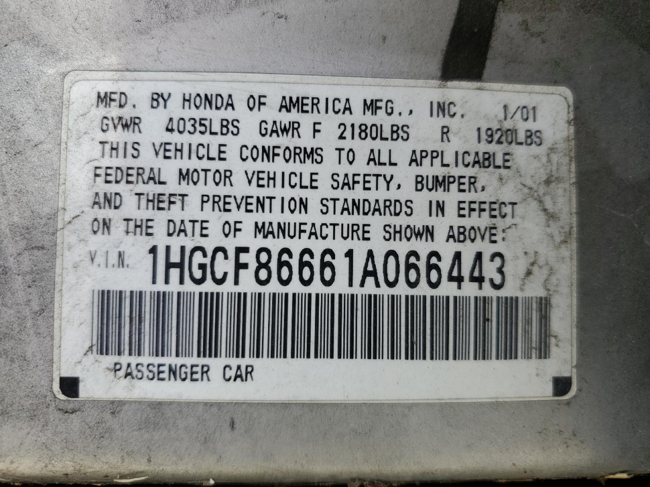 1HGCF86661A066443 2001 Honda Accord Value