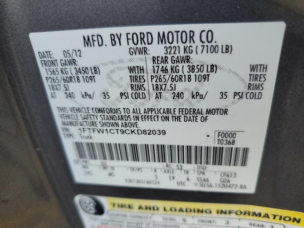 1FTFW1CT9CKD82039 2012 Ford F150 Supercrew