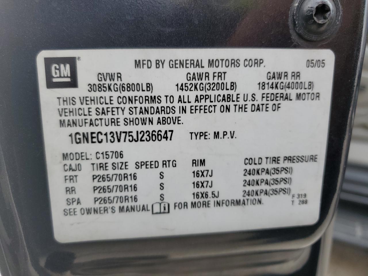 1GNEC13V75J236647 2005 Chevrolet Tahoe C1500