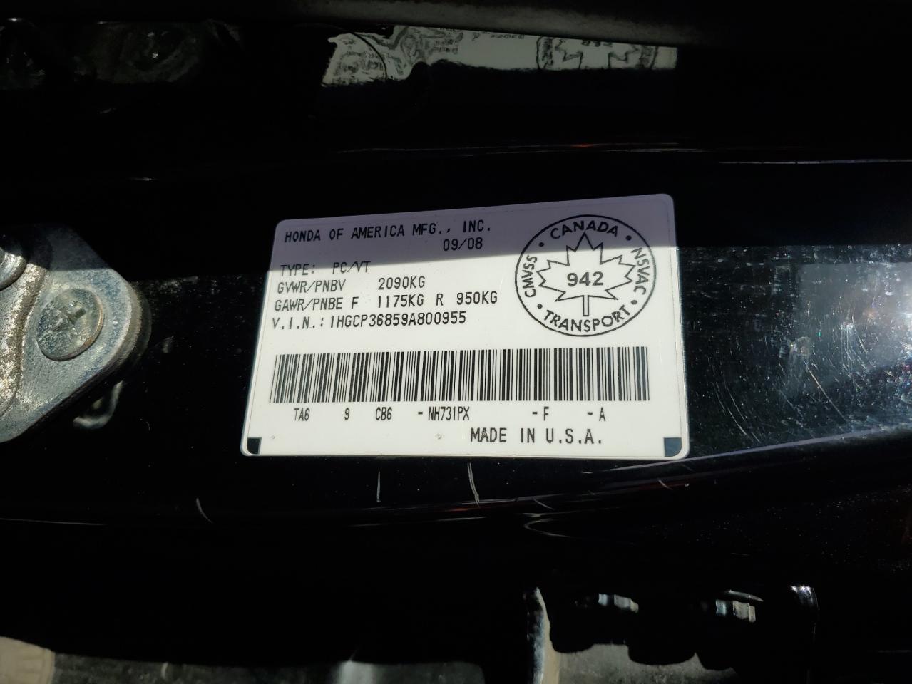 1HGCP36859A800955 2009 Honda Accord Exl