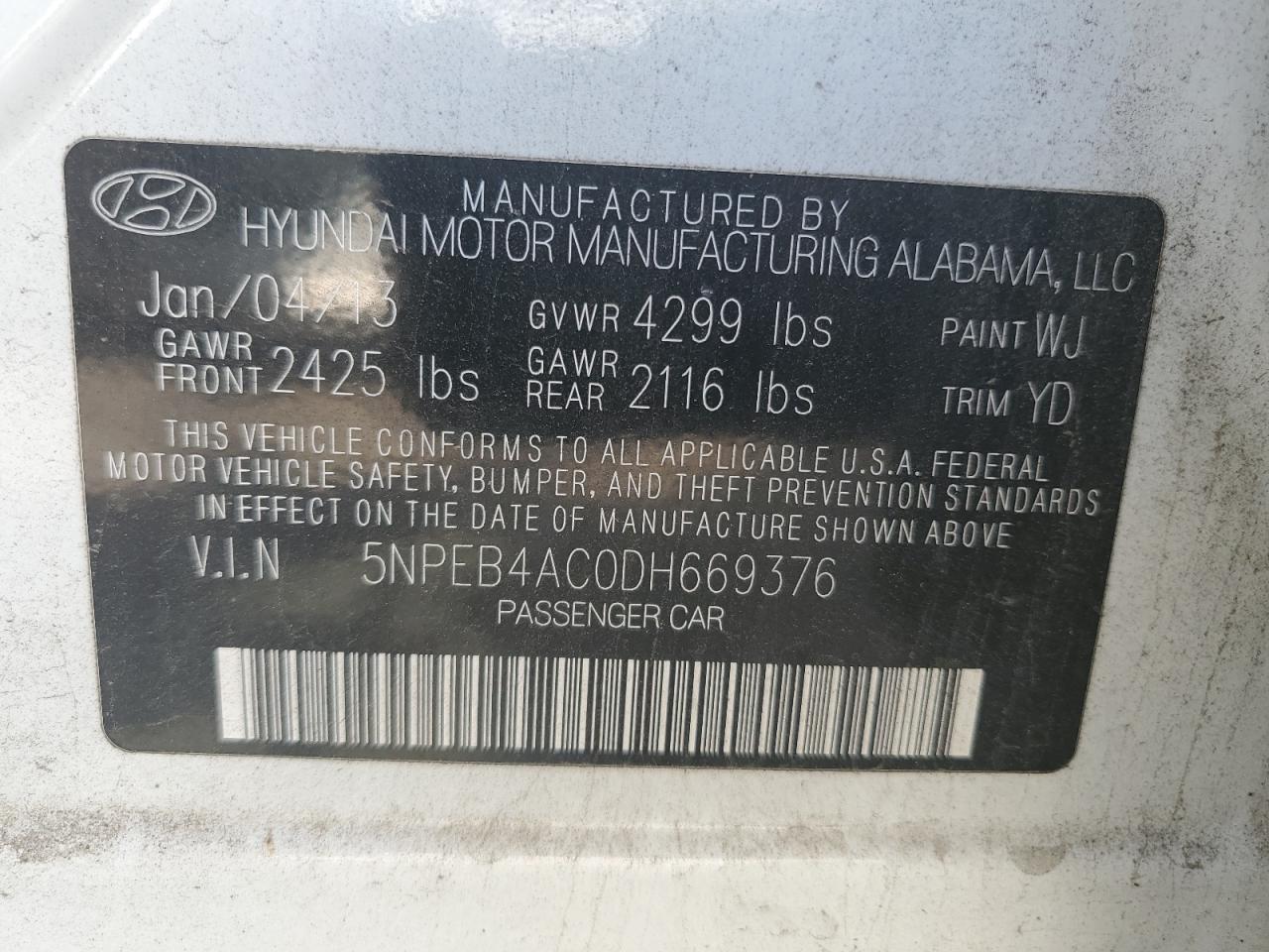 5NPEB4AC0DH669376 2013 Hyundai Sonata Gls