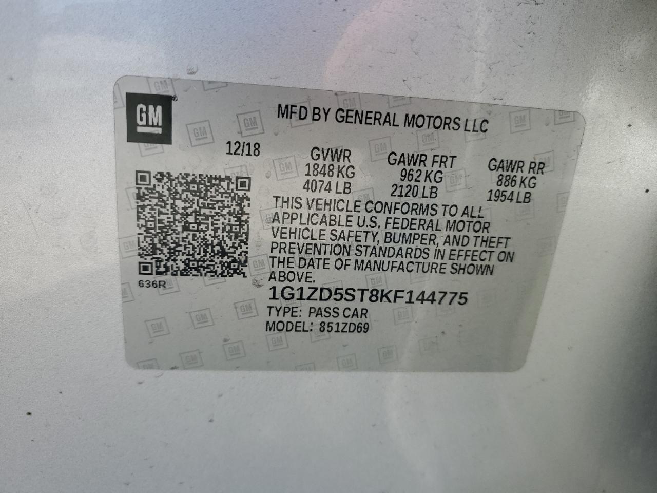 1G1ZD5ST8KF144775 2019 Chevrolet Malibu Lt