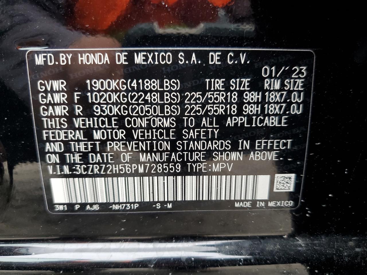 3CZRZ2H56PM728559 2023 Honda Hr-V Sport