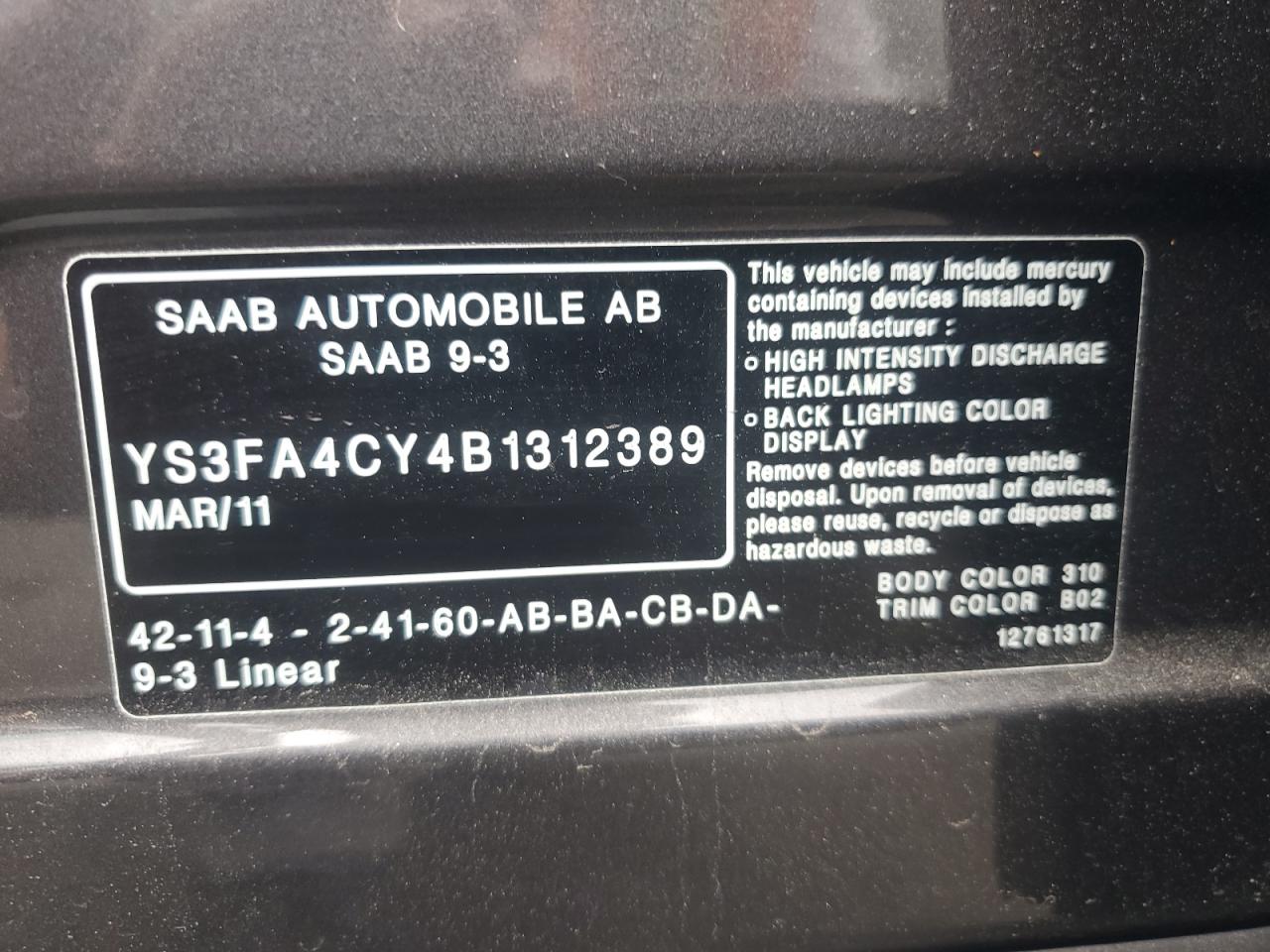 YS3FA4CY4B1312389 2011 Saab 9-3 2.0T