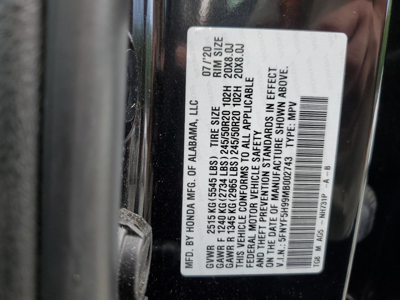 5FNYF5H99MB002743 2021 Honda Pilot Touring