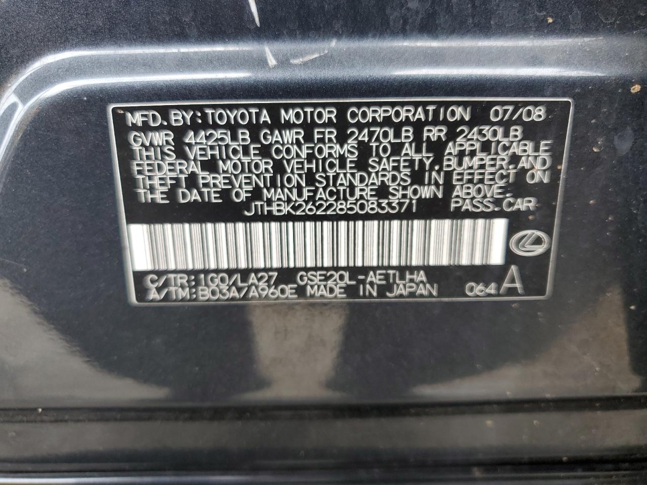 JTHBK262285083371 2008 Lexus Is 250