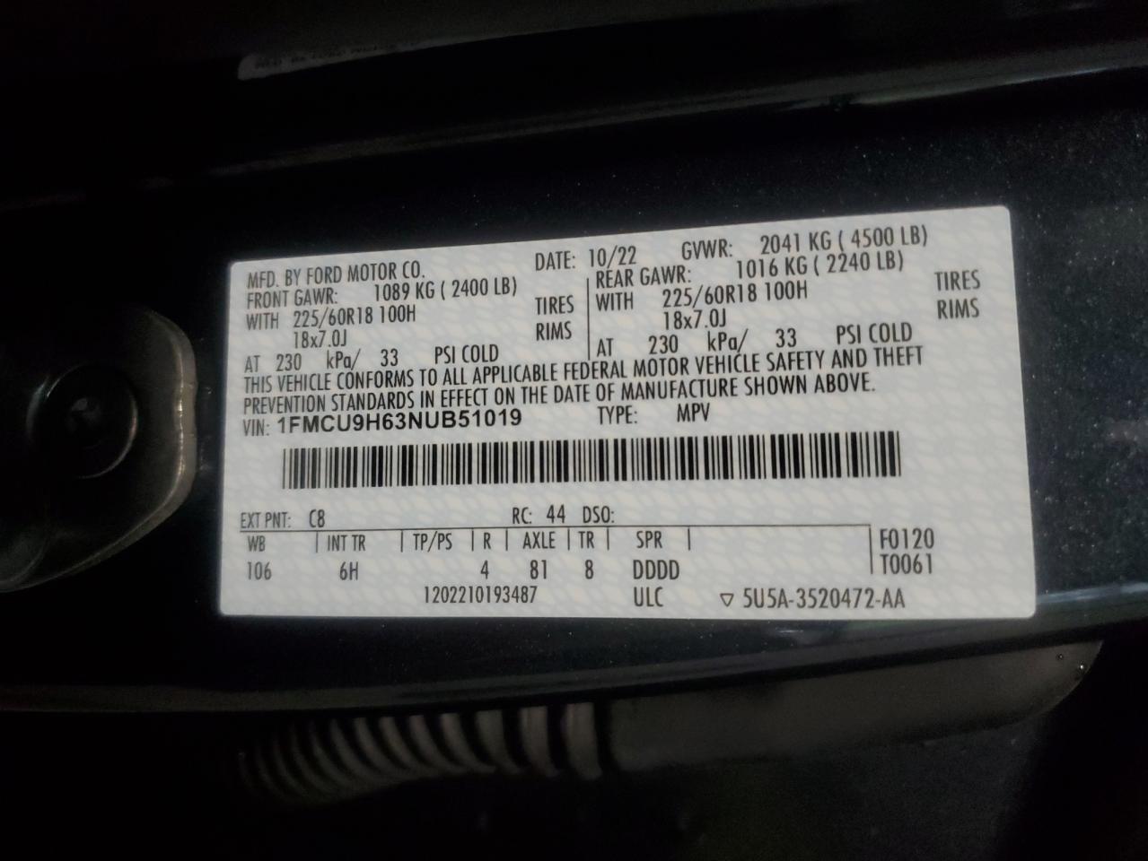 1FMCU9H63NUB51019 2022 Ford Escape Sel