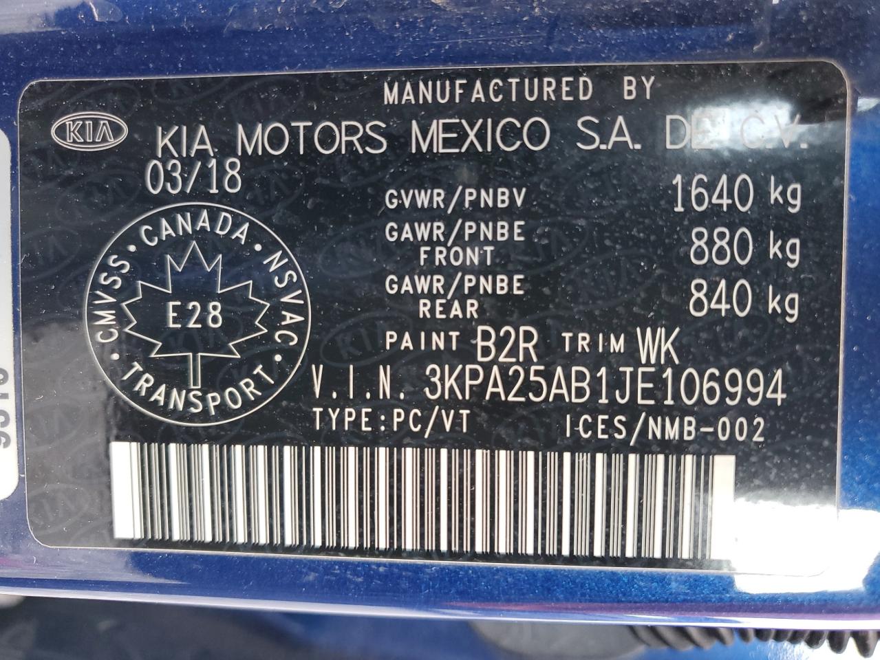 3KPA25AB1JE106994 2018 Kia Rio Lx