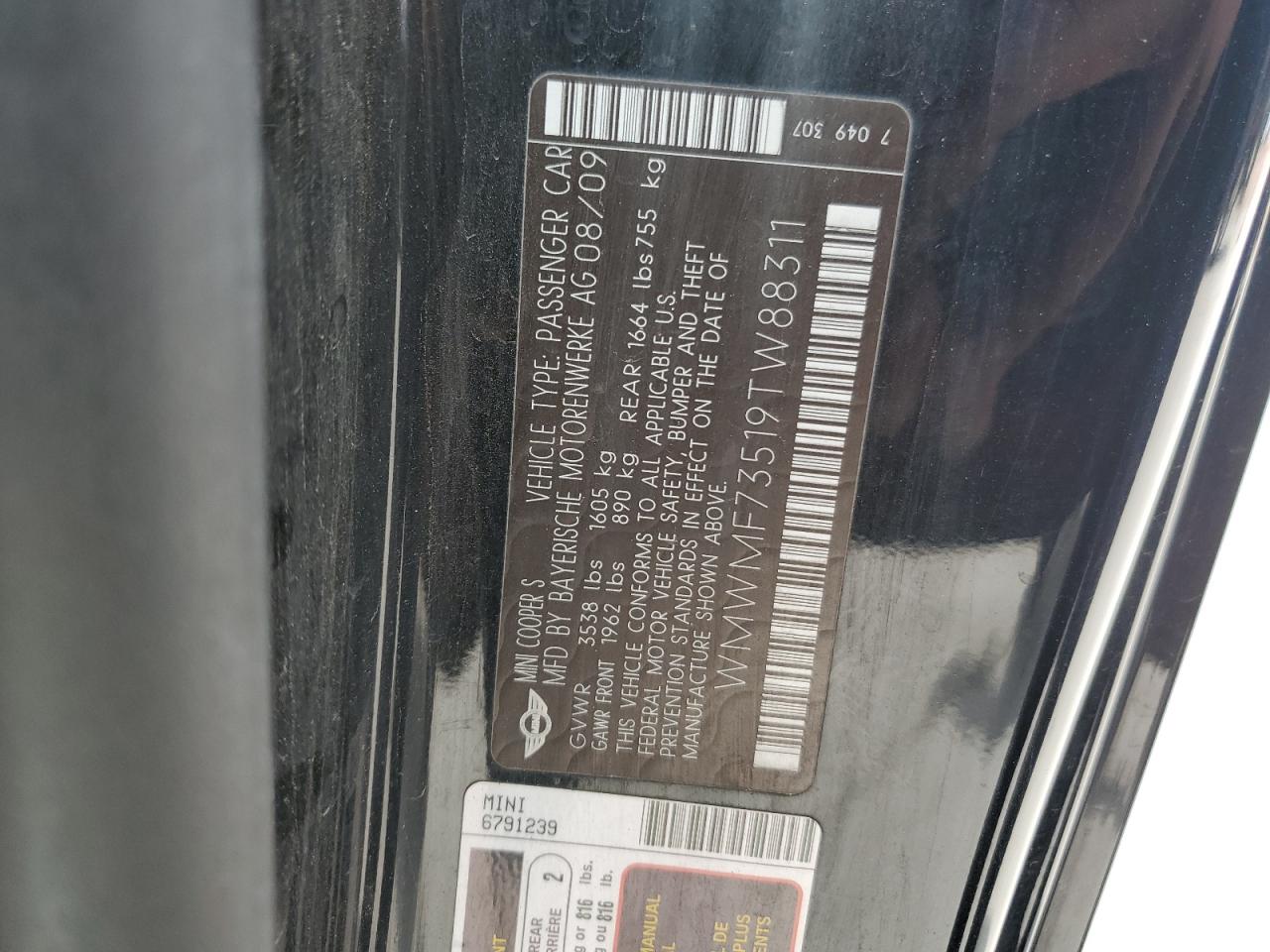 WMWMF73519TW88311 2009 Mini Cooper S