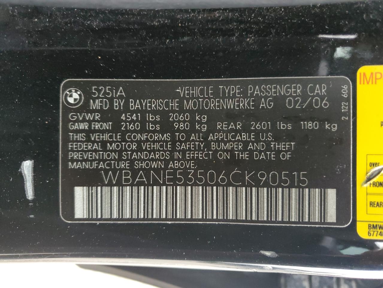 WBANE53506CK90515 2006 BMW 525 I