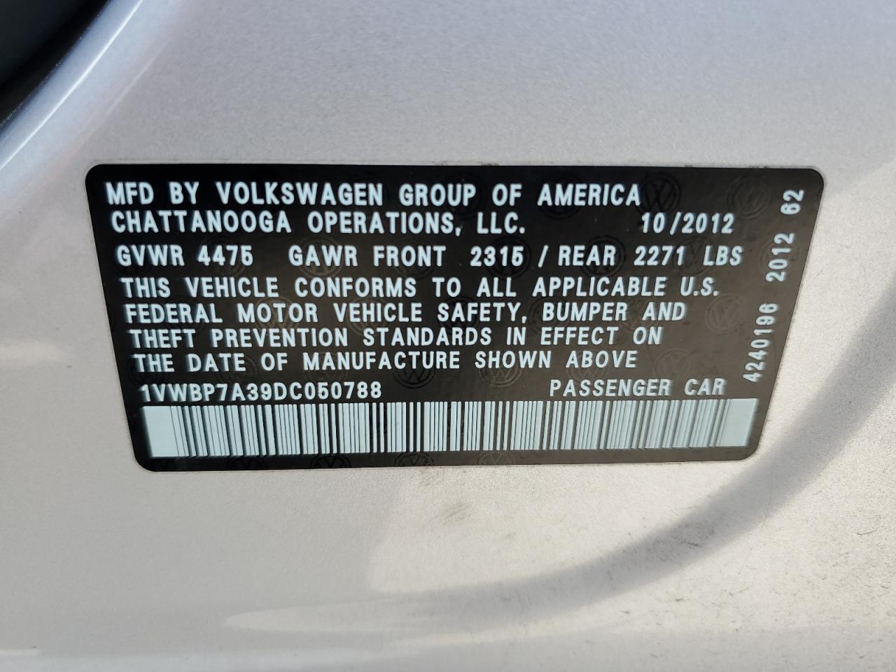 1VWBP7A39DC050788 2013 Volkswagen Passat Se