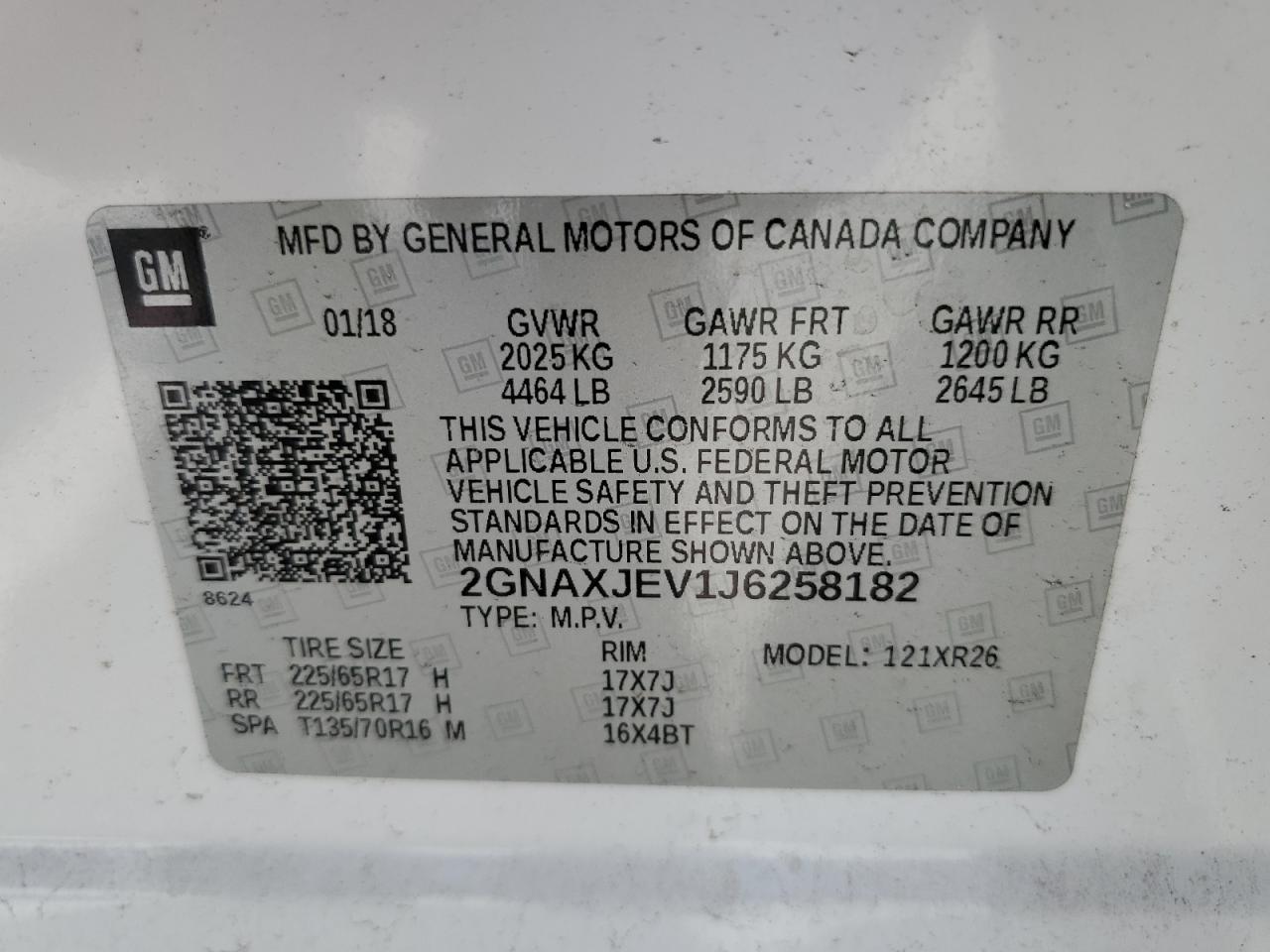 2GNAXJEV1J6258182 2018 Chevrolet Equinox Lt