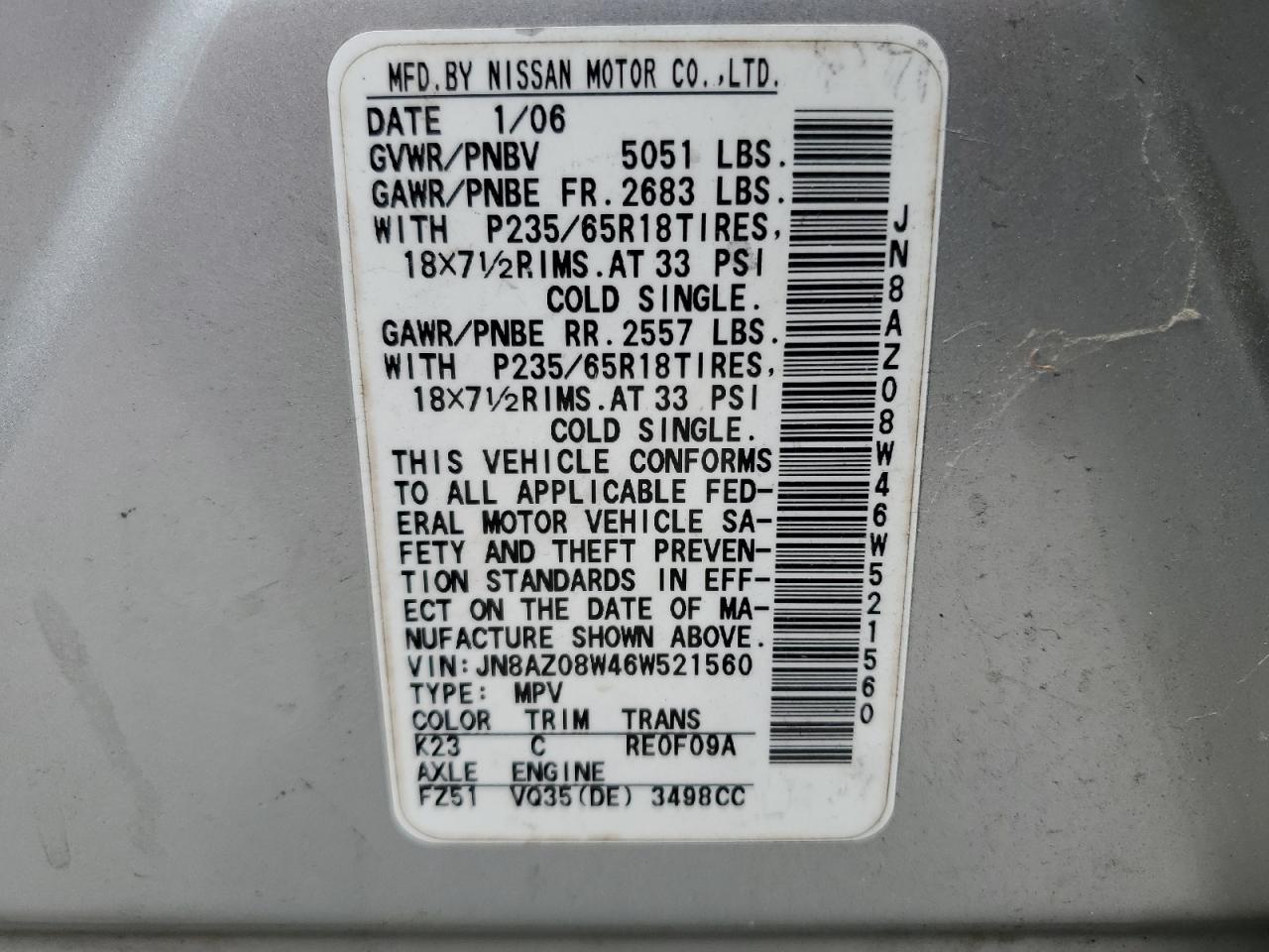 JN8AZ08W46W521560 2006 Nissan Murano Sl