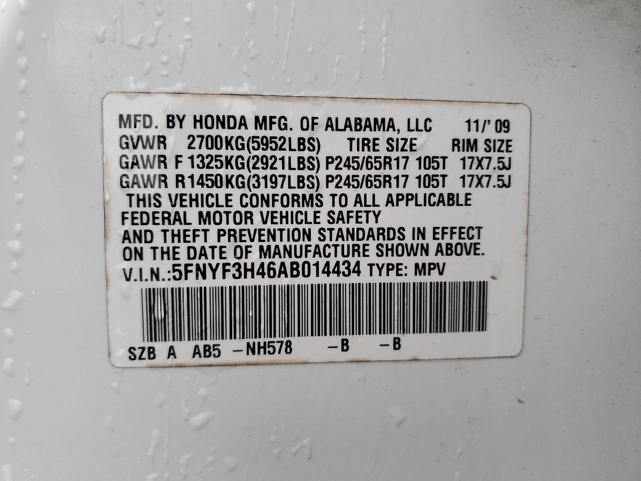 5FNYF3H46AB014434 2010 Honda Pilot Ex