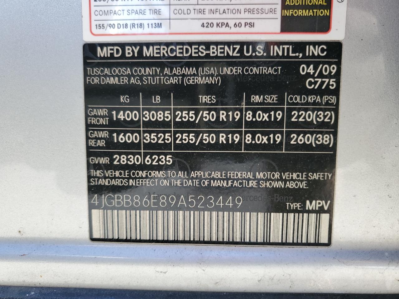 4JGBB86E89A523449 2009 Mercedes-Benz Ml 350