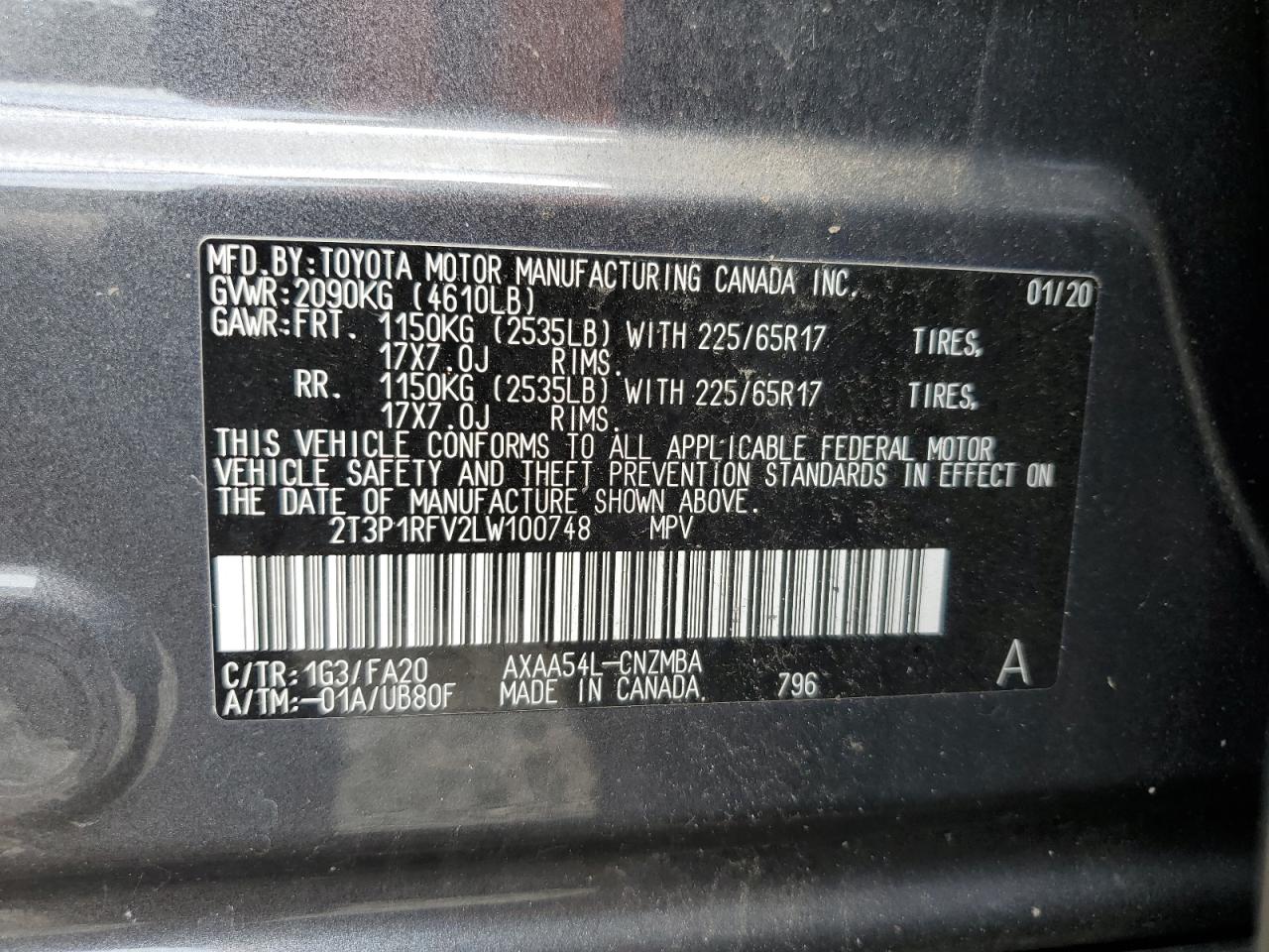 2T3P1RFV2LW100748 2020 Toyota Rav4 Xle
