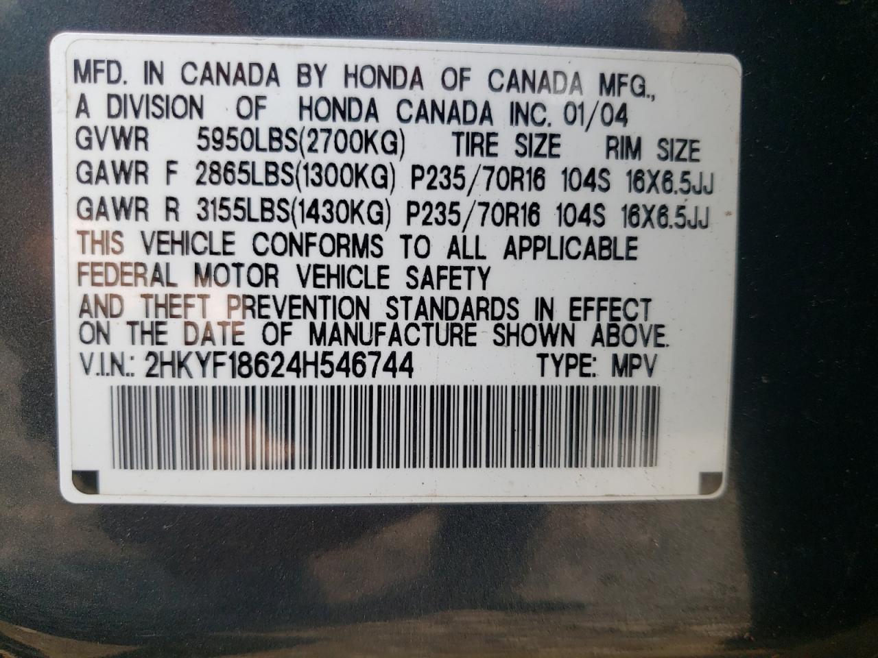 2HKYF18624H546744 2004 Honda Pilot Exl