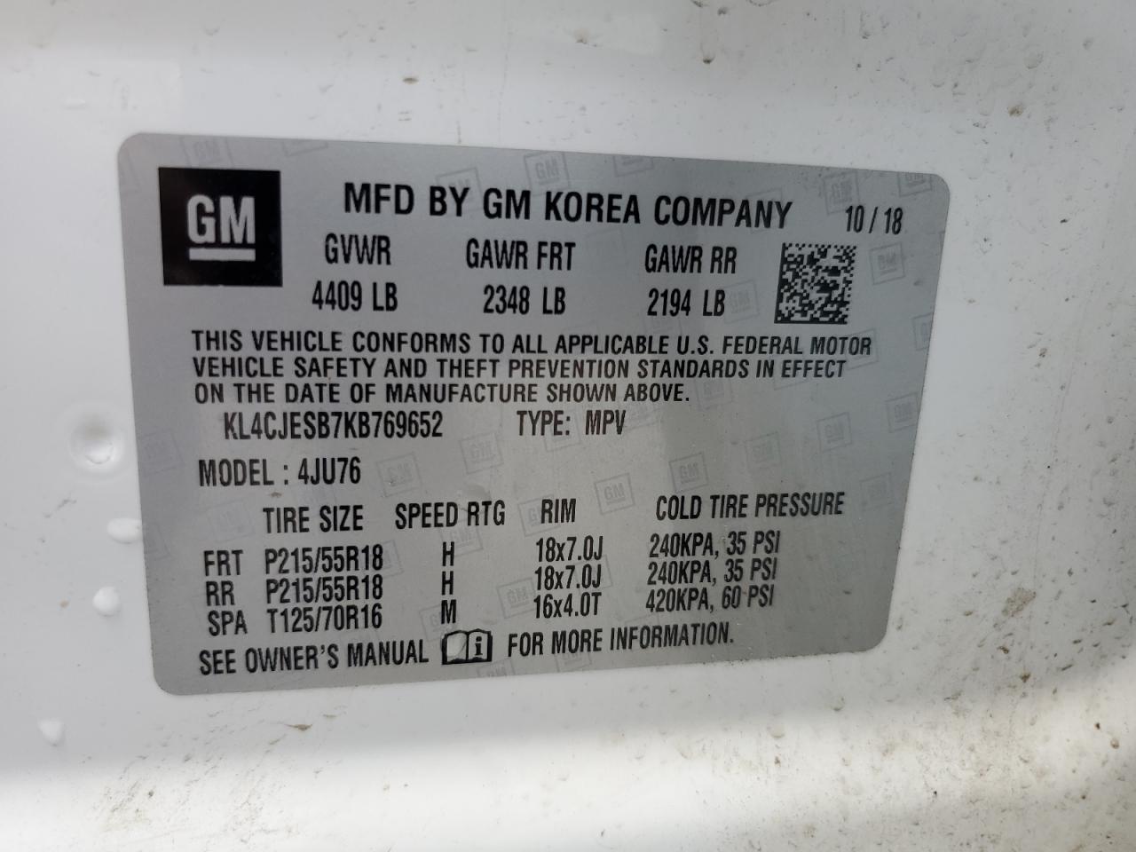 KL4CJESB7KB769652 2019 Buick Encore Preferred