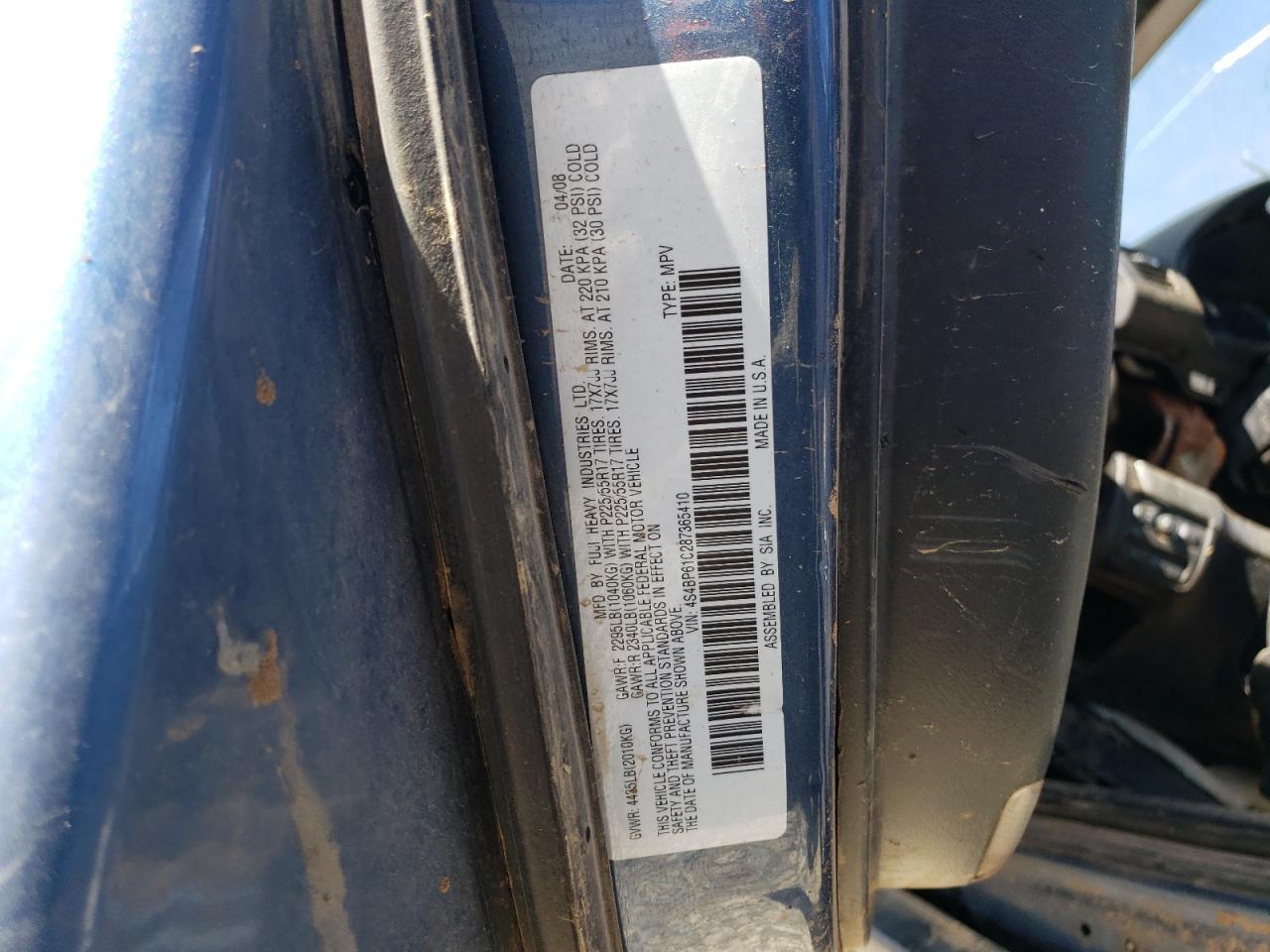 4S4BP61C287365410 2008 Subaru Outback 2.5I