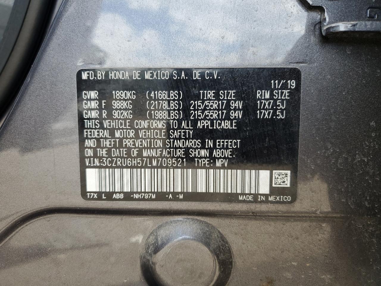 3CZRU6H57LM709521 2020 Honda Hr-V Ex