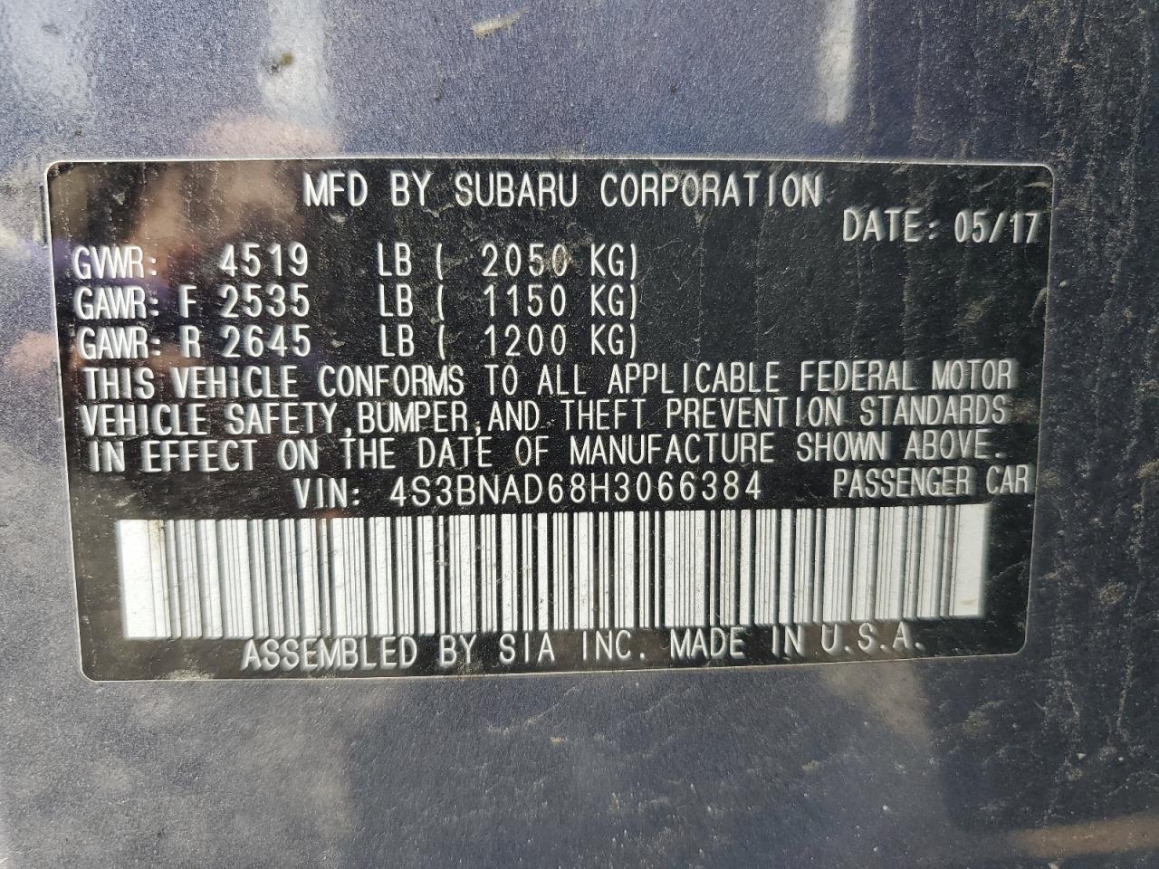 4S3BNAD68H3066384 2017 Subaru Legacy 2.5I Premium