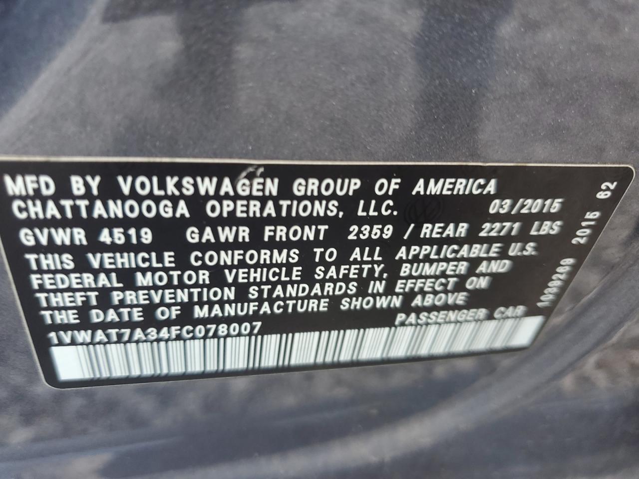 1VWAT7A34FC078007 2015 Volkswagen Passat S