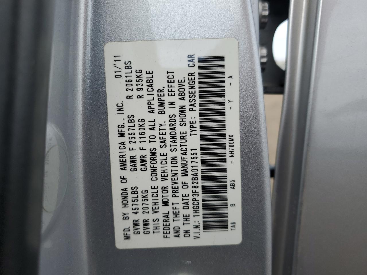 1HGCP3F82BA017551 2011 Honda Accord Exl