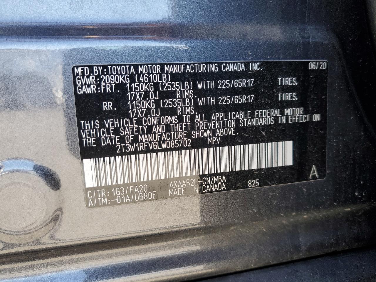 2T3W1RFV6LW085702 2020 Toyota Rav4 Xle