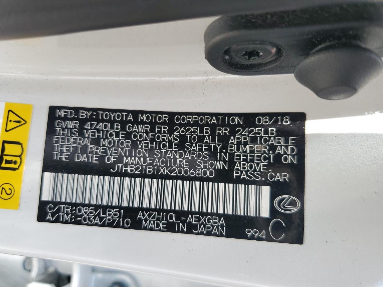 JTHB21B1XK2006800 2019 Lexus Es 300H