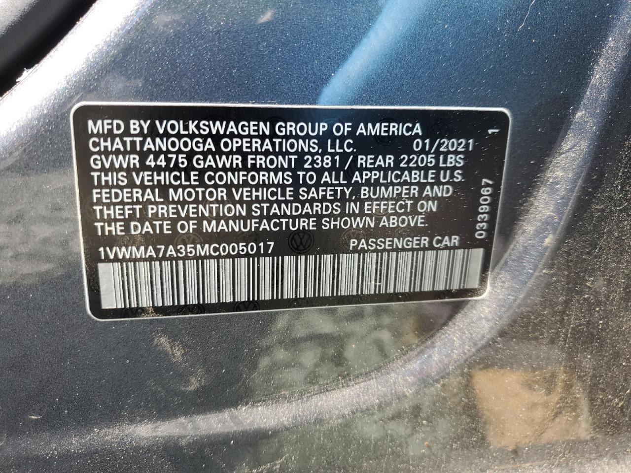 1VWMA7A35MC005017 2021 Volkswagen Passat R-Line