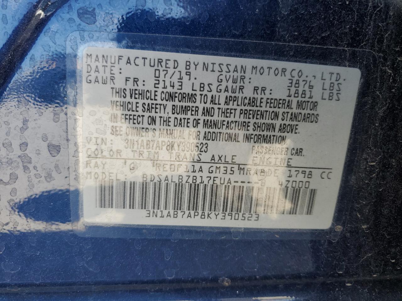 3N1AB7AP8KY390523 2019 Nissan Sentra S