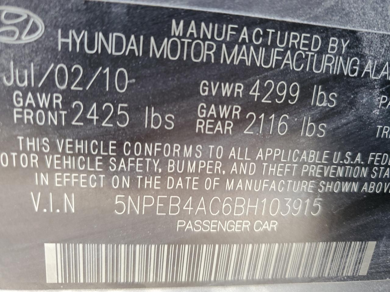 5NPEB4AC6BH103915 2011 Hyundai Sonata Gls