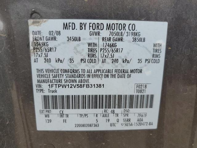 2008 Ford F150 Supercrew VIN: 1FTPW12V58FB31381 Lot: 53864164
